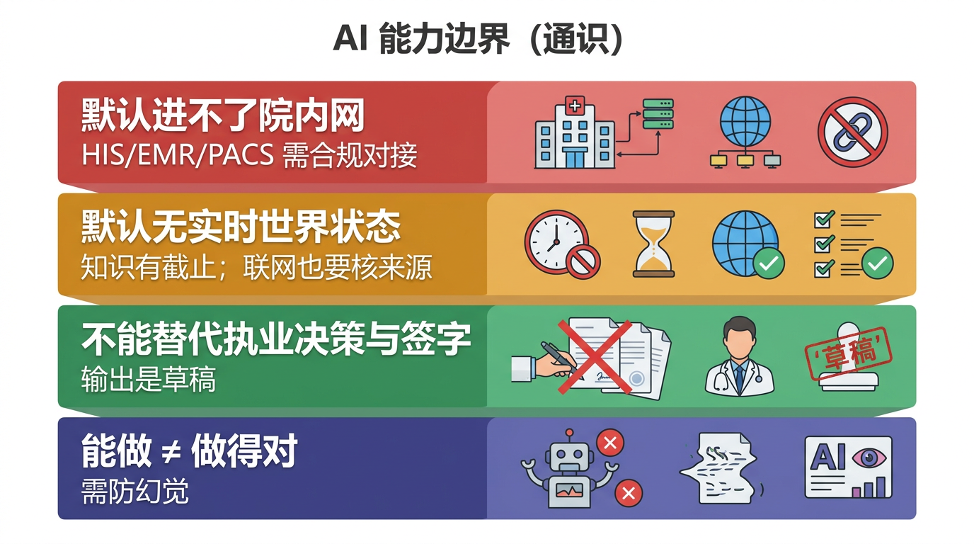 AI 能力边界：院内网、实时性、责任与幻觉