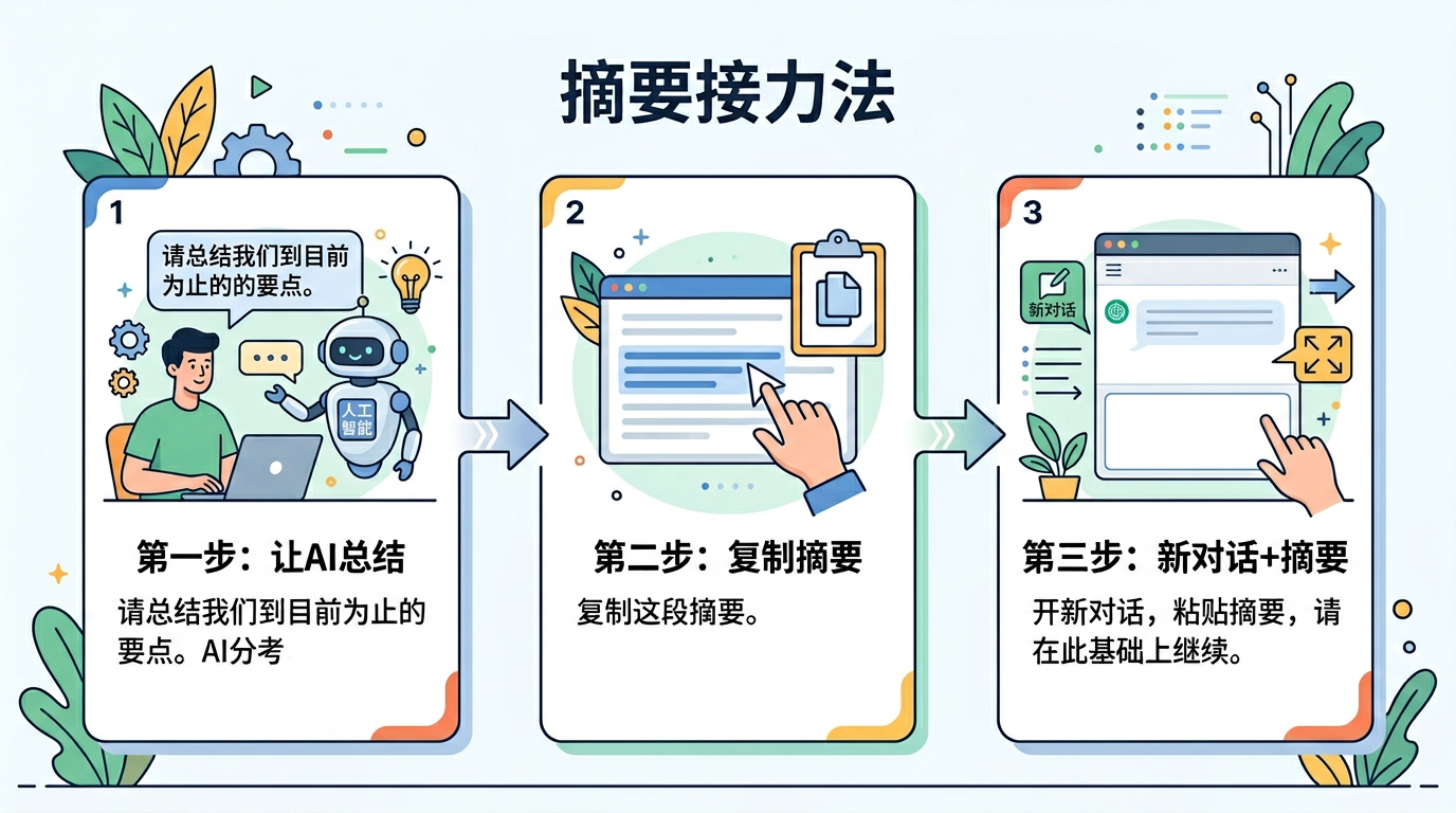 摘要接力三步：让AI总结→复制→新对话粘贴继续