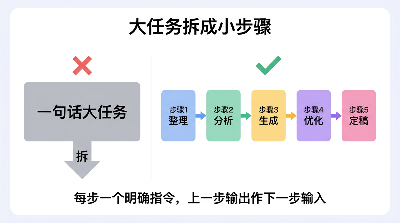 大任务拆成小步，每步明确指令，上一步输出作下一步输入
