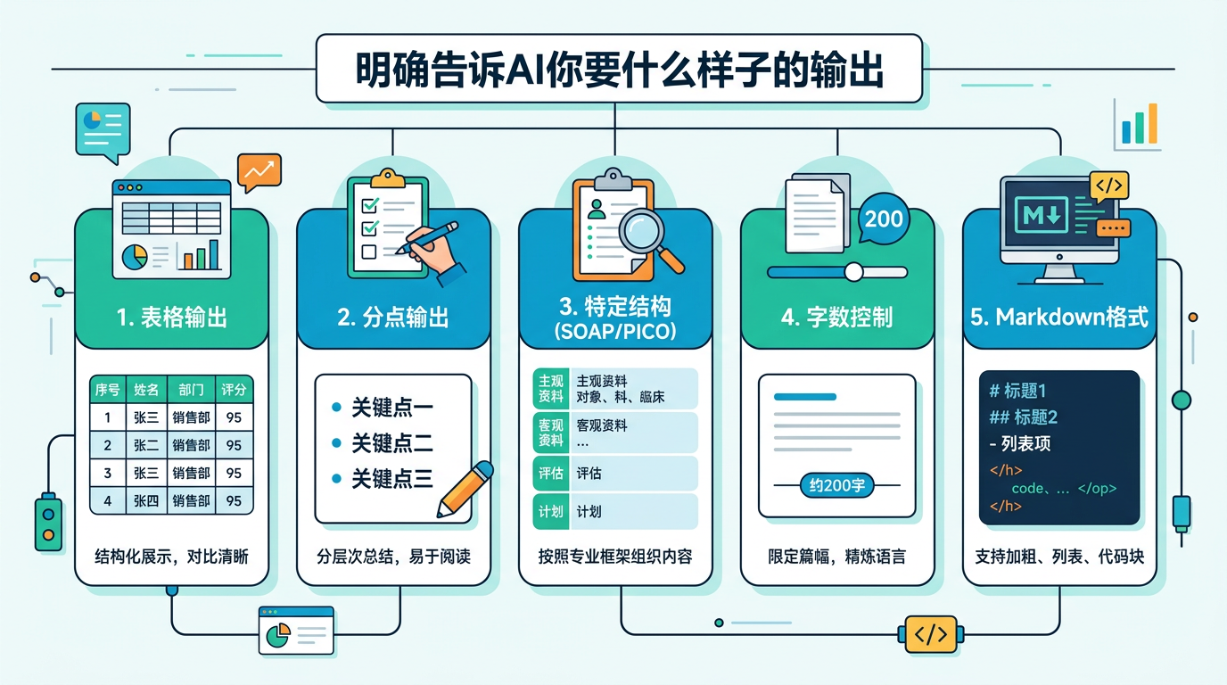 输出格式控制：表格、分点、结构、字数、Markdown