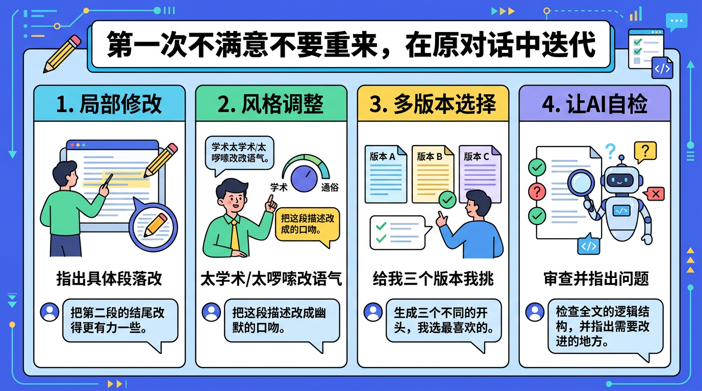 迭代优化四策略：局部修改、风格调整、多版本、自检